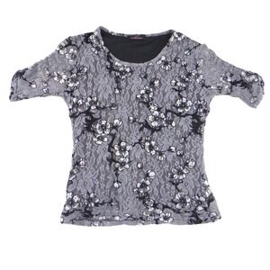 Pink Collection Grey Floral Lace Short Sleeve Scoop Neck Blouse Top